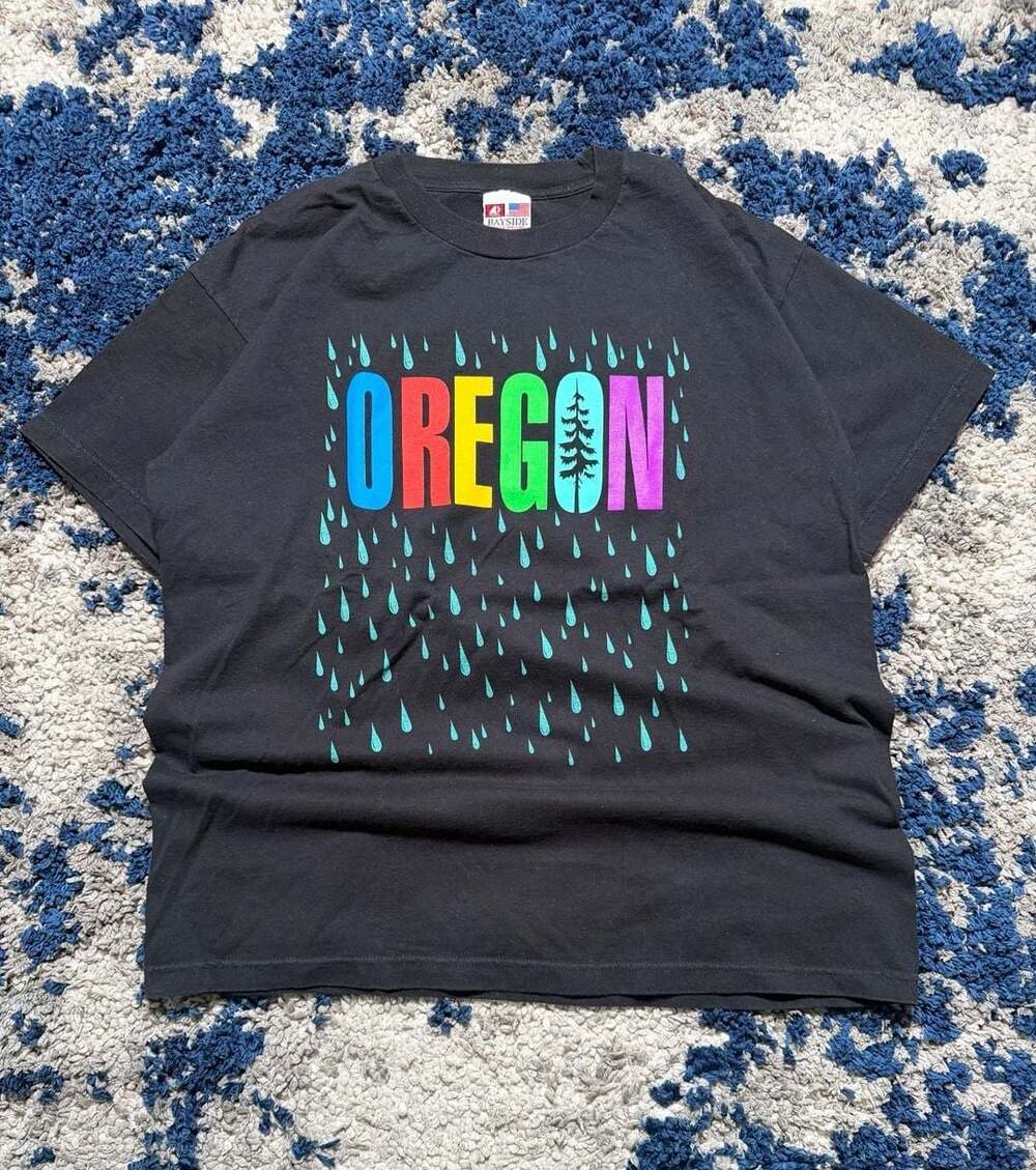 Vintage Bayside Oregon Rainbow Rain Graphic T-Shirt XL Black Made in USA